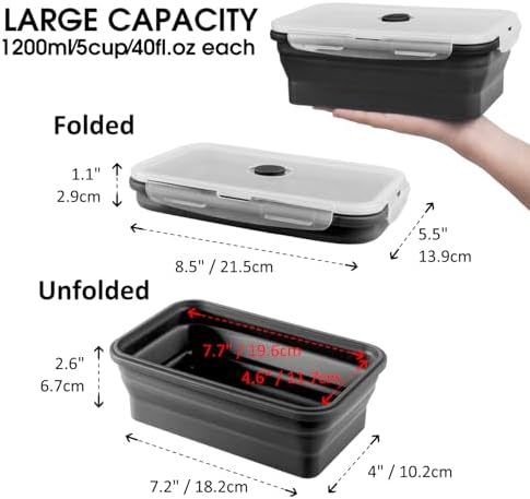 Collapsible Food Storage Containers with Lids, 4 Pack, 40 oz Silicone 1-Compartment Meal Prep Containers Reusable, Lunch Bento Boxes for Adults, Microwave Freezer Dishwasher Safe, BPA-Free, Black - Image 7