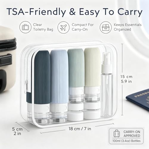 16 Pack Travel Bottles Set - TSA Approved Toiletry Bottles, Leak Proof Refillable Silicone Travel Size Containers with Jars, Spray Bottles, Funnel, Brush & Clear Bag for Carry-On, Camping & Vacation - Image 7