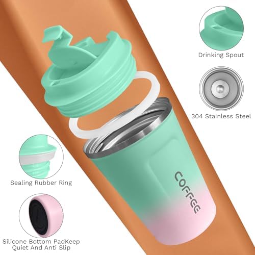 SPLMIFA Travel Coffee Mug Leak-Proof, Reusable Coffee Cups with Lids, Stainless Steel Vacuum Insulated Coffee Tumblers, Thermal Insulation Cup for Men and Women Hot & Cold Drinks(2nd-Green Pink, 12OZ) - Image 3