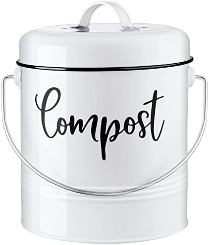 DAYYET Compost Bin Kitchen, 1.3 Gallon Farmhouse Kitchen Compost Bin Countertop, Indoor Countertop Compost Bucket with Lid and Charcoal Filters, White by DAYYET