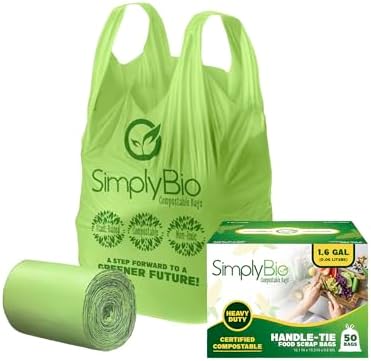 Simply Bio 1.6 Gallon Compostable Trash Bags Liners Handle, Heavy Duty Extra Thick 0.6 Mil, 6.06 Liter, 50 Bags, Small Kitchen Food Scrap Waste Bag, ASTM D6400, US BPI and OK Compost Home Certified by SimplyBio