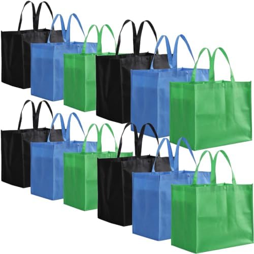 Tosnail 12 Pack Reusable Grocery Bags with Handles, Black, Blue, Green by Tosnail
