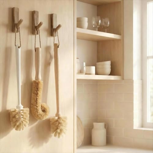 2-Piece Kitchen Brush Set - Includes 1 Plastic Handle Ponytail Cup Brush & 1 Wooden Handle Coconut Scrubber - Cleaning Kit for Bottles & Pots - Image 3