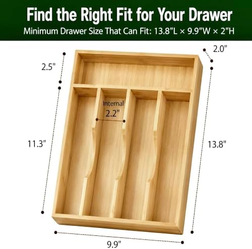 Bamboo Drawer Organizer for Kitchen Drawers, 5-Compartment Flatware & Cutlery Tray, Natural Bamboo Kitchen Utensil Silverware Organizer, Drawer Storage Organizer, 13.8 x 9.9 x 2.0 Inches - Image 2