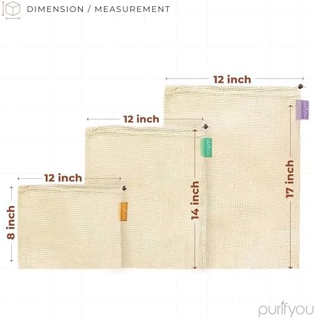 purifyou Set of 9 Reusable Organic Cotton Produce Bags – Heavy Duty Double-Stitched Mesh, Unbleached, Drawstring Closure – 2 XL (12x20), 5 L (12x14), 2 S (12x8) - Image 2