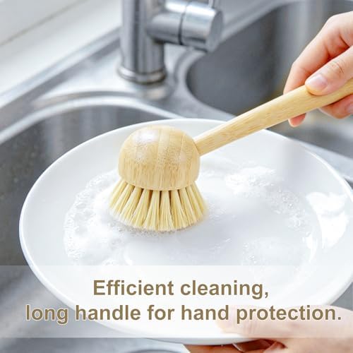 2 Pack Natural Kitchen Dish Brushes with Sisal & Palm Bristles, Long Bamboo Handle Scrubber for Dishes, Cast Iron Pans Pots and Vegetable Cleaning - Image 5