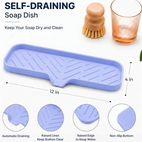 MicoYang Silicone Soap Dish with Drain Spout — Self-Draining Double Sink Organizer Tray for Kitchen & Bath, Dispensers, Sponges & Soap Holder, Non-Slip & Dishwasher Safe, Light Purple (Large, 12"×4") - Image 2