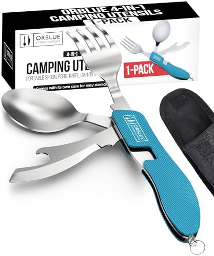Orblue 4-in-1 Camping Utensils, 1-Pack, Portable Stainless Steel Spoon, Fork, Knife & Bottle Opener Combo Set - Travel, Backpacking Cutlery Multitool, Blue by Orblue