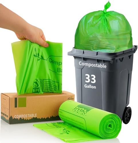 Compost Bags 33 Gallon 125 Liter Extra Thick 1.2 Mils Compostable Food Scrap Waste Bags with US BPI ASTM D6400 and Europe OK Compost Home Certified 20 Counts by JENCENBIO