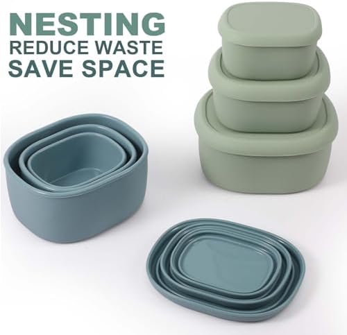 Vesici 9 Pcs Silicone Food Storage Containers Collapsible Reusable Small Containers with Lids Bpa Free for Christmas Party Snack Camping Lunch Bento Box (6.7oz, 10oz, 20oz) Green Blue Yellow - Image 4