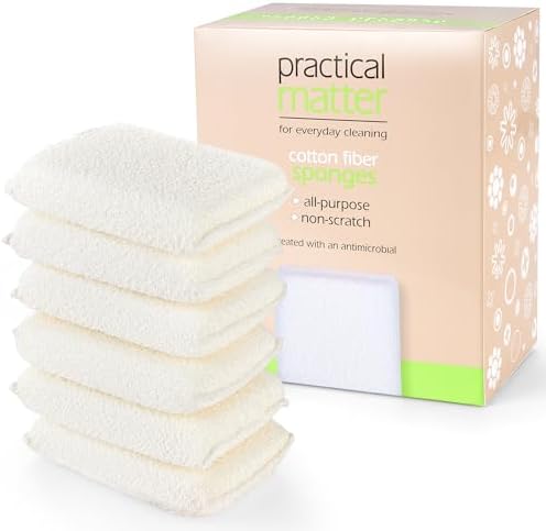 Practical Matter Kitchen Sponge, Organic Cotton Fiber All-Purpose Dish Sponges for Washing Dishes and Cleaning All Surfaces, Durable Non Scratch Scrub, 6 Count Value Pack by Cleanlogic