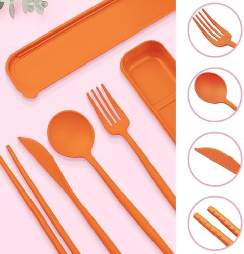 ELANE 4 Sets Reusable Travel Utensils Set with Case,Camping Cutlery Set Reusable Cutlery Set with Case,Utensil Sets for Lunch Picnic Daily Use Outdoor (orange) - Image 3