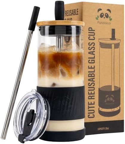 Pandaloo® Glass Cups With Lids and Straws -20 Fl Oz- Perfect Size Iced Coffee Cup - Smoothie Cup With Bamboo Lid and On the go Lid - Glass Tumbler With Straw (1 Count (Pack of 1), Black Saphir) by Pandaloo