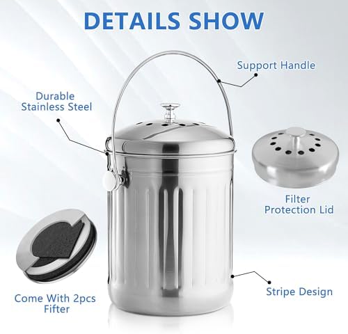 ENLOY Kitchen Countertop Compost Bin 1.3 Gallon, Stainless Steel, Silver - Image 4