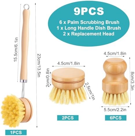 9 PCS Bamboo Dish Brush Set, Multifunctional Dishwashing Bamboo Scrub Brush with Natural Sisal Bristles, Wooden Dish Brush for Cleaning Pots, Pans, Dishes, Vegetables - Image 2