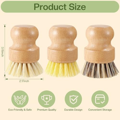 Wooden Dish Brush Handheld Bamboo Wok Brush Scrubber for Dishes Pans Pots Fruit and Veggie Washing(3,Beige Brown and Yellow) - Image 2