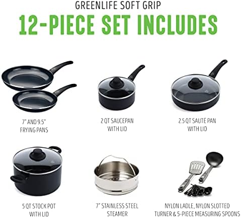 GreenLife Soft Grip Healthy Ceramic Nonstick 12 Piece Kitchen Cookware Pots and Frying Sauce Saute Pans Set, PFAS-Free with Kitchen Utensils and Lid, Dishwasher Safe, Black - Image 5