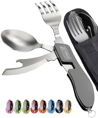 Orblue 4-in-1 Camping Utensils, 2-Pack - Portable Stainless Steel Spoon, Fork, Knife & Bottle Opener Combo Set - Travel, Backpacking Cutlery Multitool, Gray by Orblue