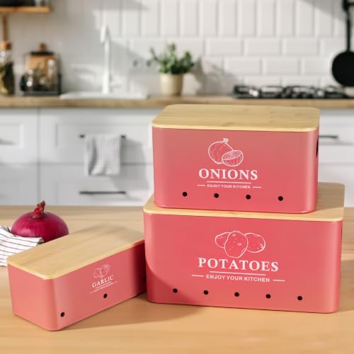 Kitchen Vegetable Storage Set of 3, Metal Onion Garlic Potato Storage Set, Kitchen Canisters Vegetable Keeper Containers with Aerating Holes and Bamboo Lid,Coral Red - Image 2