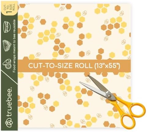 Truebee Reusable Beeswax Food Wrap Roll 13” by 55”, – Non Toxic, Plastic Free, Silicone Free, Sustainable, Environmentally Friendly, Organic Cotton Beeswax Wrap, Cut to Size, Signature Design by Truebee