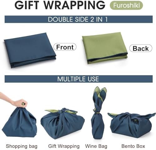 Vtrbwze Furoshiki Japanese Wrapping Cloth,Eco Gift Wrap Paper,Reversible Solid Color,27.6 inches Large Reusable Bento Bag Placemats for Lunch Boxes Eco-bag Christmas Birthday Gift (Navy Blue + Green) - Image 4