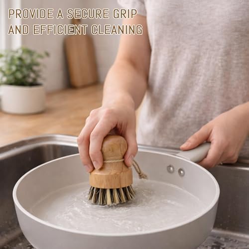 12 Pcs Bamboo Dish Brush Set, Palm Wooden and Sisal Bristles Dish Scrubber, Dish Brushes with Lanyard, Durable Wood Dishes Scrub, Natural Round Vegetable Cleaning Pots Pans Sink Washing Kitchen Brush - Image 6