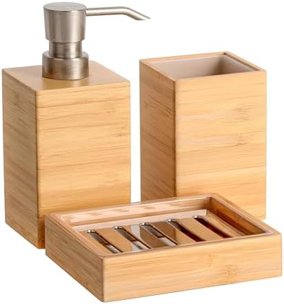 Clasin Home Bamboo Bathroom Accessories Set, 3 Pcs Wood Bathroom Accessories Soap Dispenser, Toothbrush Holder, Soap Dish, Kitchen Soap Dispenser Set for Home Decor, Housewarming Gift by ClasinHome