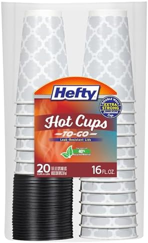 Hefty Disposable Hot Cups with Lids, Insulated Paper Coffee Cups for Tea, Cocoa and Hot Beverages, Leak Resistant Single Use Drink Cups, 16 Ounce, 20 Count by Hefty
