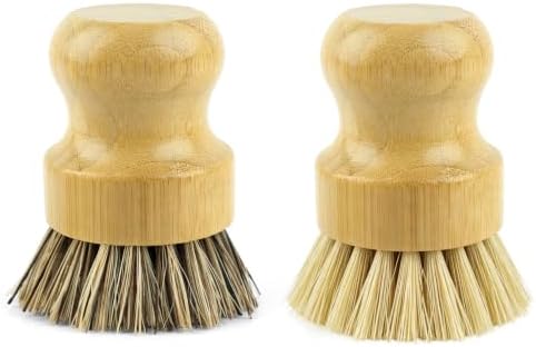 AUEAR, Natural Bamboo Dish Scrub Brush Cleaning Pot Scrubber Brushes Coconut Bristles for Cast Iron Skillet Pots Pans (2 Pack, 2 Colors) by AUEAR