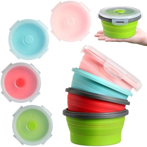 Suclain 4 Pcs Collapsible Bowls with Lids Silicone Camping Food Storage Container Expandable Folding Salad Lunch Box Travel Container for Hiking Camping by Suclain