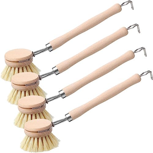 Maxdot 4 Pcs Kitchen Dish Brush with Beechwood Handle Natural Wooden Handle Scrub Brush Fiber Bristles Dish Scrub 2 Inch Replacement Brush Head for Pots Pans Utensils Washing Supplies by Maxdot