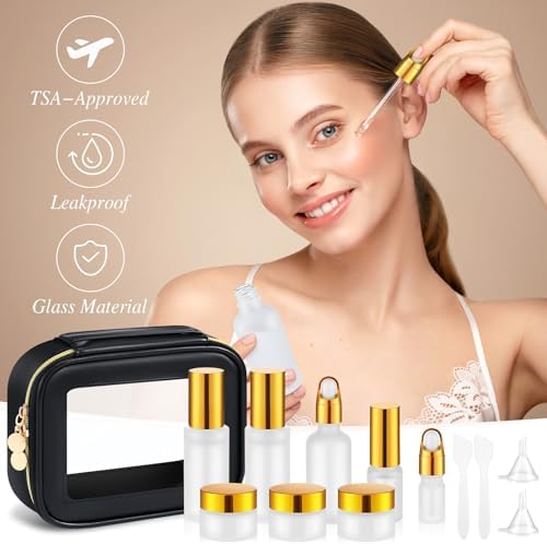 Jingmore 13 Pcs Glass Skincare Travel Containers Mini Makeup Containers Travel Size Toiletries Bottles with Pump Spray and PU Leather Toiletry Bag for Liquid Serum Cream Moisturizers Oils(Gold) - Image 4