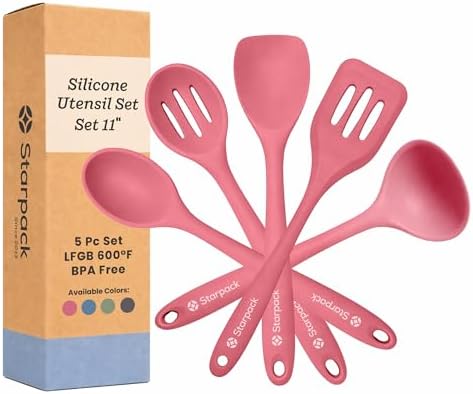 Starpack Stir and Serve Silicone Cooking Utensils Set (5-Piece, 11") - LFGB Non Toxic, 600°F Heat Resistant, BPA-Free - One-Piece Seamless, Dishwasher Safe - for Nonstick Cookware, Earthy Pink by StarpackHome