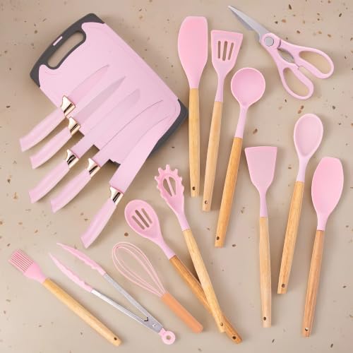 19-Piece Kitchen Utensil and Knife Set, Pink - Image 5