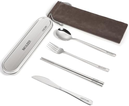 INKULEER Travel Cutlery Set - 18/8 Stainless Steel Reusable Utensils with Metal Case, Portable Silverware for Camping, Office, Travel & Outdoor Dining - Image 3