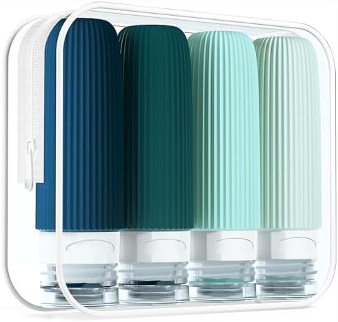 Mrsdry Travel Bottles for Toiletries, Tsa Approved 3oz Portable Travel Bottles, BPA Free Leak Proof Squeezable Silicone Travel Size Containers, Travel Accessories with Clear Toiletry Bag (4 Pack) by Mrsdry