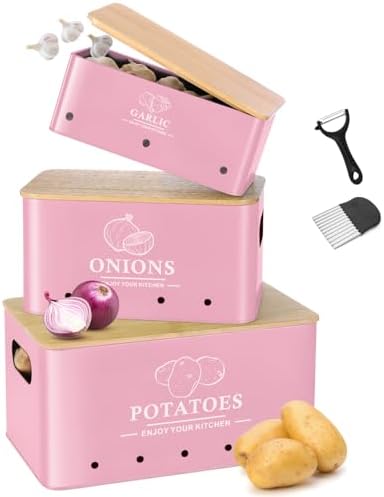 Kitchen Vegetable Storage Set of 3, Metal Onion Garlic Potato Storage Set, Kitchen Canisters Vegetable Keeper Containers with Aerating Holes and Bamboo Lid,Pink by Dekosilave