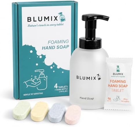 Foaming Hand Soap Refill Tablets, Four Concentrated Hand Soap Tablets, Just Add Warm Water, Reusable Foaming Glass Dispenser Included (5 Count, Variety, Starter Set with Dispenser) by Blumix