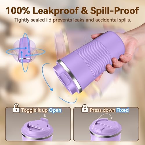 17OZ Travel Coffee Mug Insulated Coffee Cup with Spill Leak Proof Lid, Portable Stainless Steel Tumbler Reusable Hot and Cold Water Mug for Car, Daily, Camping- Purple - Image 4