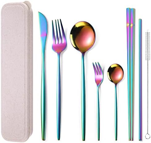AARAINBOW 8 Pieces Stainless Steel Flatware Set Portable Reusable Cutlery Set Travel Utensils Set Including Chopsticks Knife Fork Spoon Straws Cleaning Brush Dishwasher Safe (Multicolored) by AARAINBOW
