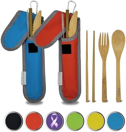 Travel Utensils with Case Set Fork, Knife, Spoon, Chopsticks, Straw, Straw-cleaning brush, Travel Pouch and Carabiner, Excellent For Everyday Use! ((2 Sets) Sky Blue/Sunset Red) by Bamboo+Essentials%C2%AE