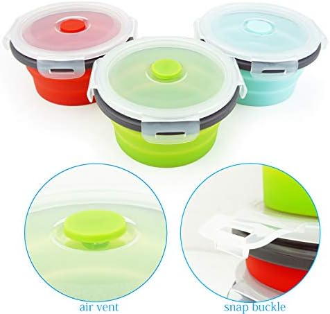 Ecomorning 3Piece Round Collapsible Lunch Container Silicone Food Storage Containers Collapsible Camping Bowl with Airtight Silicone Lids, Microwave, & Freezer Safe, 350ML - Image 4