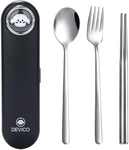 DEVICO Travel Utensils with Case Cute, Reusable Silverware for Lunch, 4Pcs Portable Cutlery Set, 18/8 Stainless Steel Fork Spoon Chopsticks in Cartoon Case, Dishwasher Safe (Black) by DEVICO