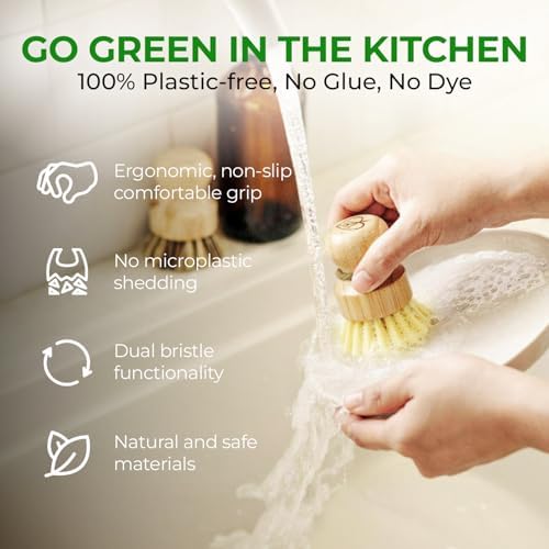 AIRNEX Bamboo Dish Brush Set of 2 - Natural Wooden Dish Scrubber with Sisal & Coconut Bristles - Plastic Free Kitchen Scrub Brush for Dishes, Sink, Pots & Pans - Non Scratch Kitchen Dish Brush - Image 4