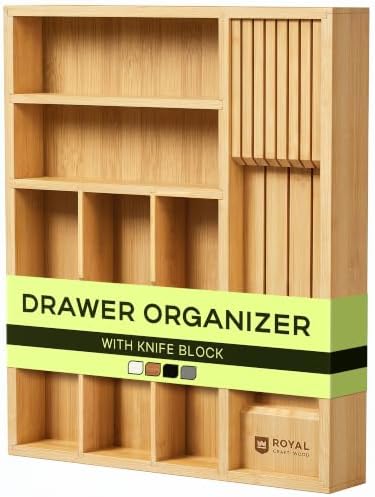 Drawer Organizer with Knife Block for Kitchen Organization, Bamboo Silverware Drawer Organizer, Compact Bamboo Cutlery Tray for Flatware and Utensils, Removable 7-Slot Knife Block for Kitchen Drawers by ROYALCRAFTWOOD