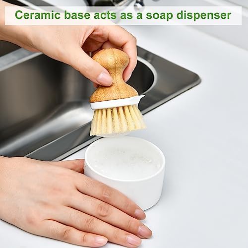 SUBEKYU Bamboo Dish Brush, Kitchen Dish Scrubber Brush with Soap Dispenser, Natural Wooden Dishwashing Brush for Cleaning Dishes/Pans/Pots, Built-in Scraper, Sisal Bristles,1 Set - Image 5