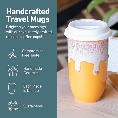 NOVA CERAMICS Ceramic Tumbler– Ceramic Travel Mug With Lid – Microwave & Dishwasher Safe Coffee White & Orange Tumbler - Gifts For Women Men Him Her – 16oz – Grapefruit - Image 2