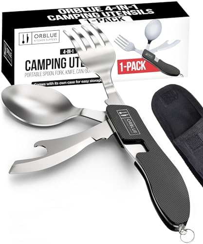 Orblue 4-in-1 Camping Utensils, 1-Pack, Portable Stainless Steel Spoon, Fork, Knife & Bottle Opener Combo Set - Travel, Backpacking Cutlery Multitool, Black by Orblue