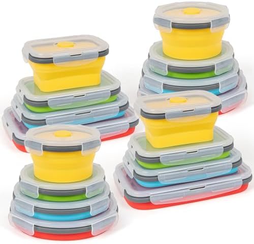 Collapsible Silicone Food Storage Containers Set with Lid & Air Vent, Foldable Lunch Containers, 16 Pack (8 Rectangular + 8 Round Bowls), BPA-Free, Space-Saving by SiliseaDirect