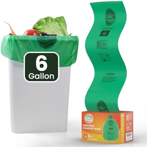 Compostable Bags, 6 Gallon Food Scraps Yard Waste Bags,Fits 5-6-8 Gallon trash can, 30 Liter, 70Count, Heavy Duty 0.85 Mils, ASTMD 6400 Kitchen Trash Bags, BPI&OK compost HOME certified by RAYTID